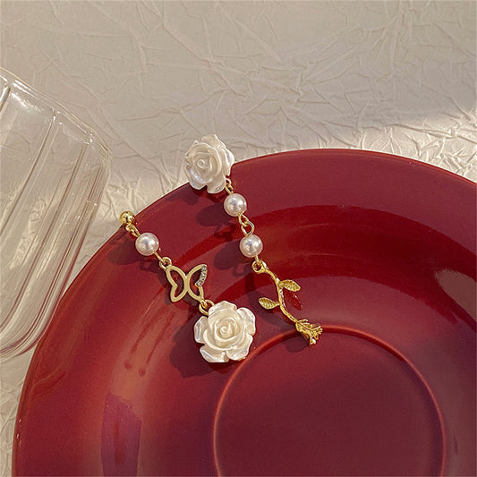 Pearl and Resin 18K Gold-Plated Rose Butterfly Drop Earrings, gold drop earrings for women, elegant gift for her, front view