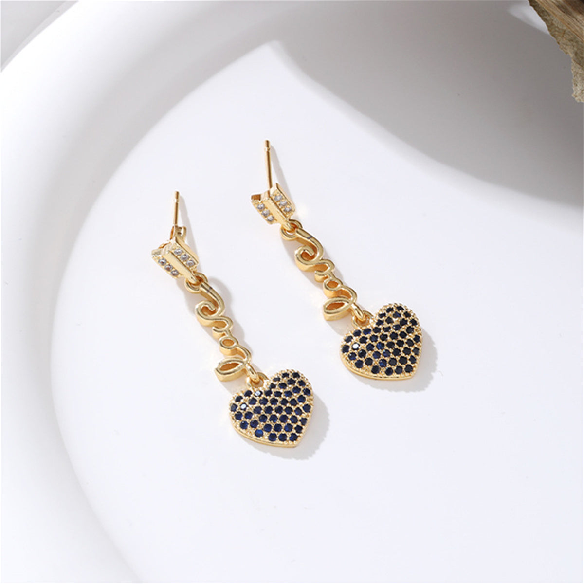 Blue Cubic Zirconia and 18K Gold-Plated 'LOVE' Heart Drop Earrings, gold drop earrings for women, detail close-up