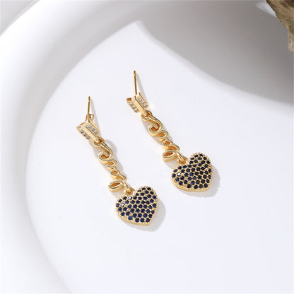 Blue Cubic Zirconia and 18K Gold-Plated 'LOVE' Heart Drop Earrings, gold drop earrings for women, detail close-up