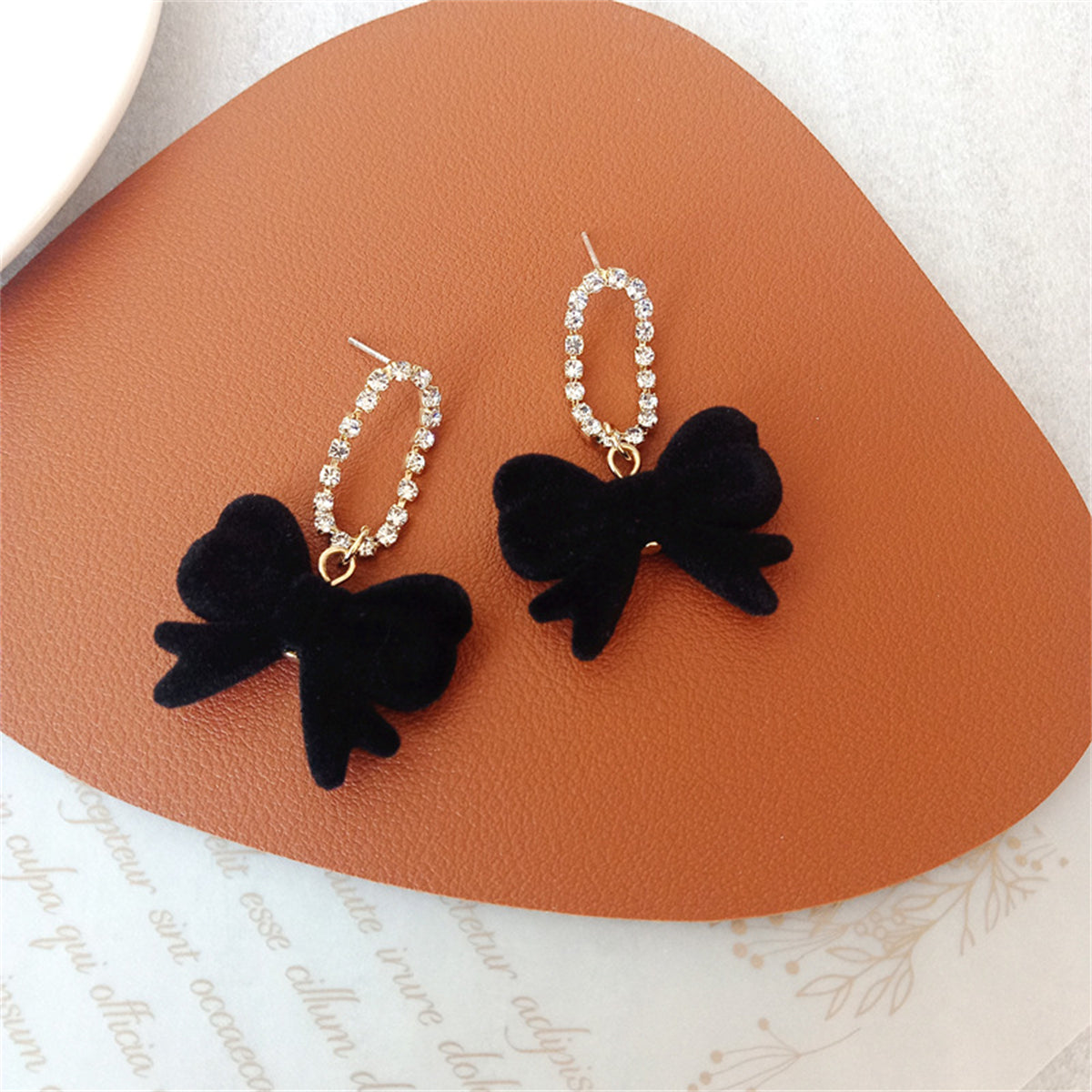 Black Velvet and Cubic Zirconia Oval Bow Drop Earrings, drop earrings for women, dainty minimalist design, lifestyle look