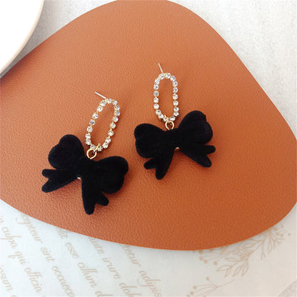 Black Velvet and Cubic Zirconia Oval Bow Drop Earrings, drop earrings for women, dainty minimalist design, lifestyle look