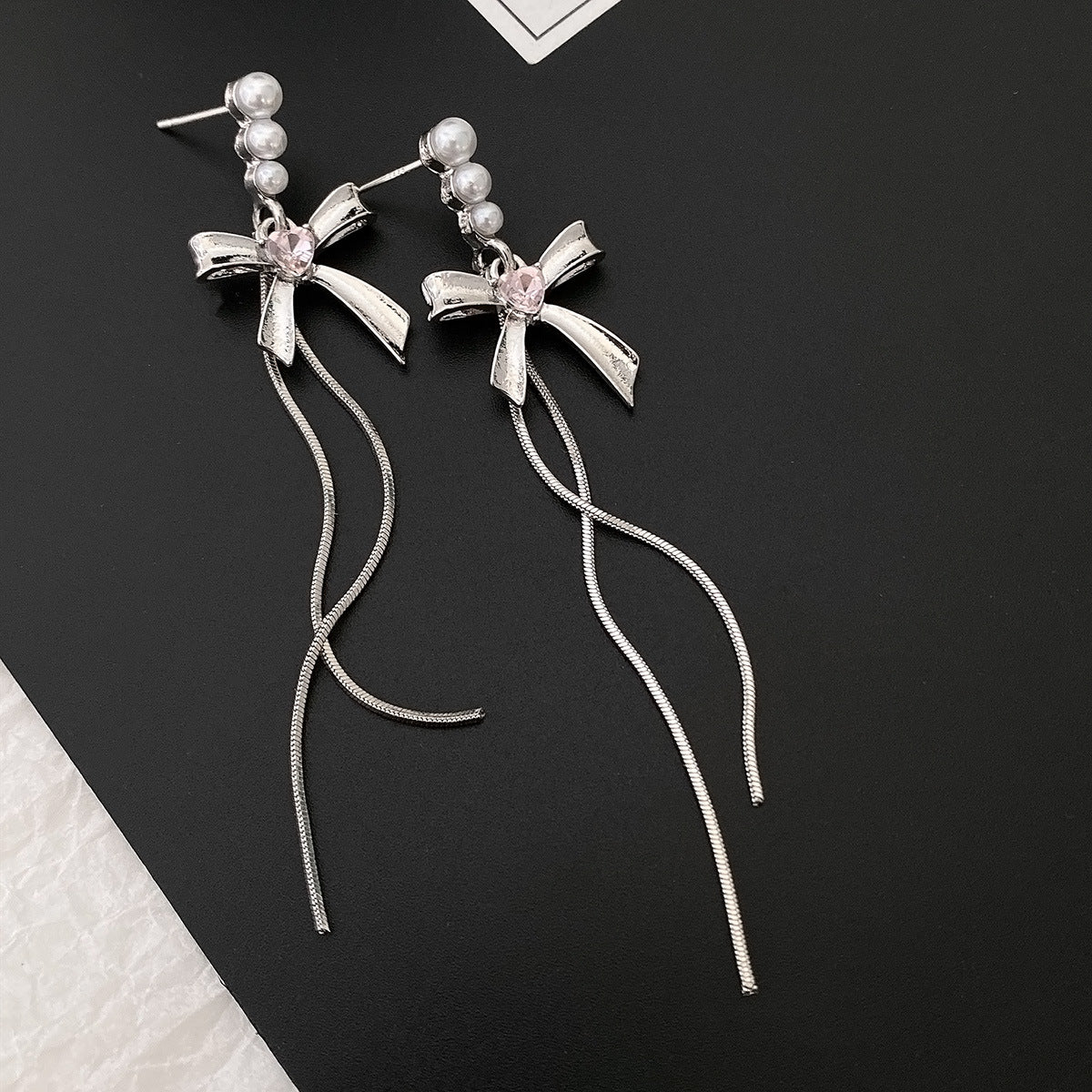 Pearl and Silver-Plated Bow Tassel Drop Earrings, silver drop earrings for women, botanical inspired, front view