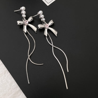 Pearl and Silver-Plated Bow Tassel Drop Earrings, silver drop earrings for women, botanical inspired, front view