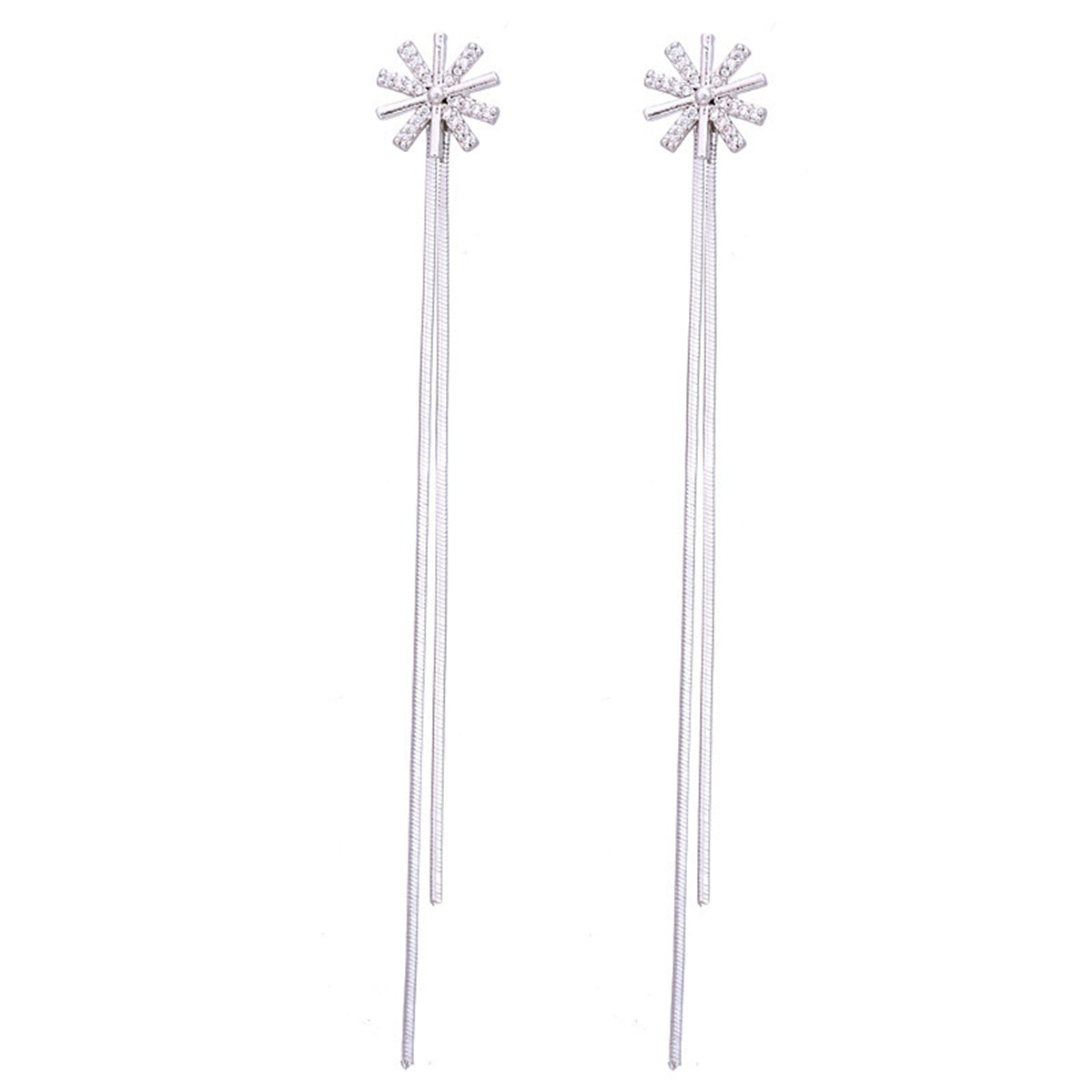 Cubic Zirconia and Silver-Plated Snowflake Tassel Ear Cuffs and Dangling Charm, silver drop earrings for women, front view