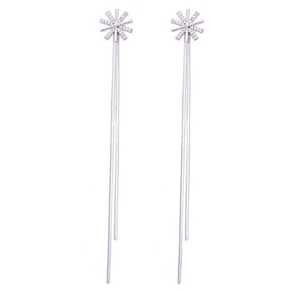 Cubic Zirconia and Silver-Plated Snowflake Tassel Ear Cuffs and Dangling Charm, silver drop earrings for women, front view