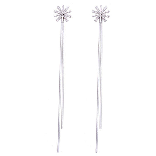 Cubic Zirconia and Silver-Plated Snowflake Tassel Ear Cuffs and Dangling Charm, silver drop earrings for women, front view
