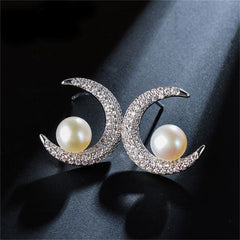 Cubic Zirconia & Pearl Silver-Plated Crescent Stud Earrings