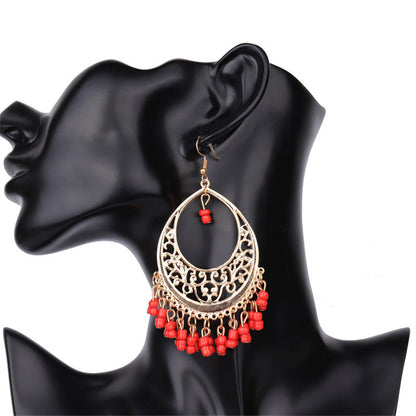 Red Turquoise and 18K Gold-Plated Openwork Filigree Drop Earrings, gold drop earrings for women, lifestyle look