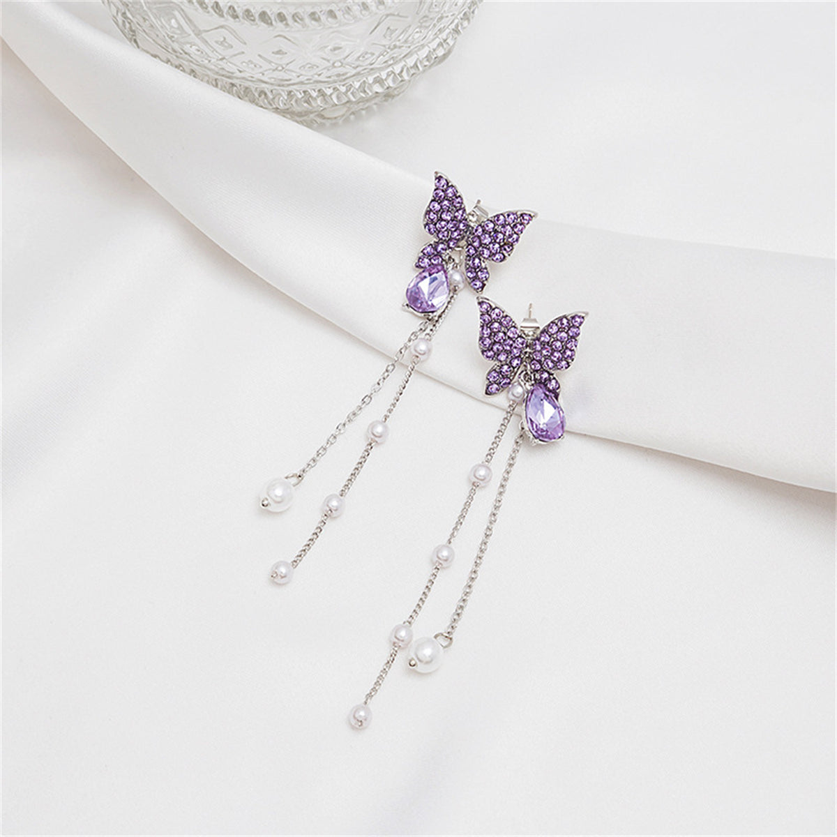 Purple Cubic Zirconia & Pearl Butterfly Tassel Ear Jackets