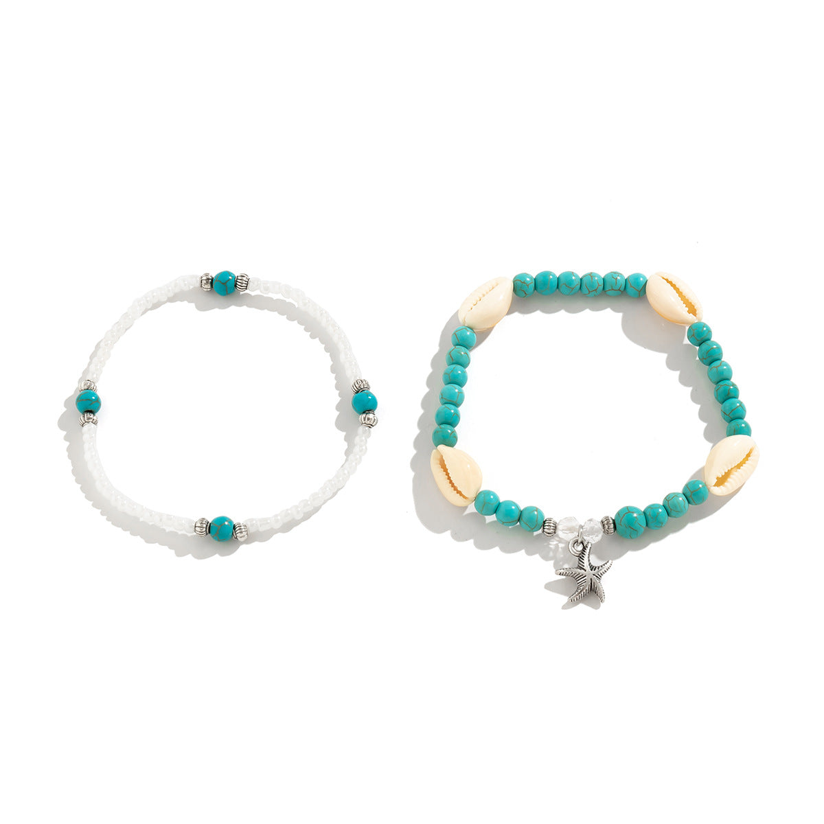 Turqouise & Howlite Shell Silvertone Starfish Charm Stretch Anklet Set - Street Region