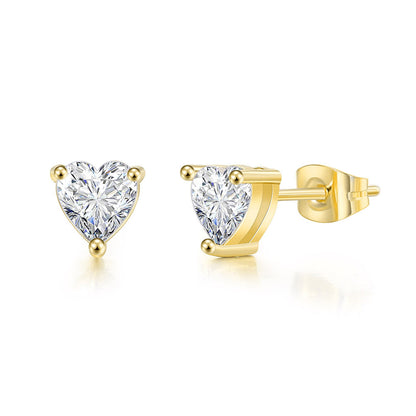 Cubic Zirconia and 18K Gold-Plated Heart Stud Earrings, gold stud earrings for women, elegant gift for her, front view