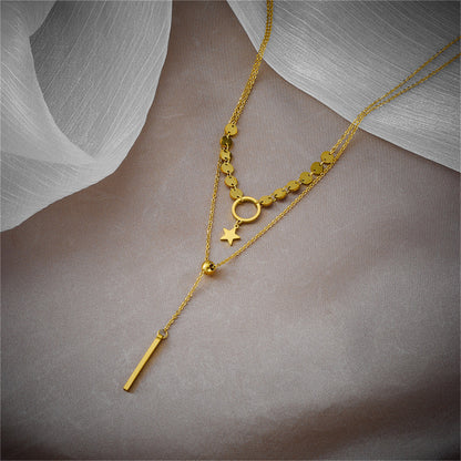 18K Gold-Plated Disc Star Layered Choker Necklace, gold pendant necklace for women, botanical inspired, detail close-up