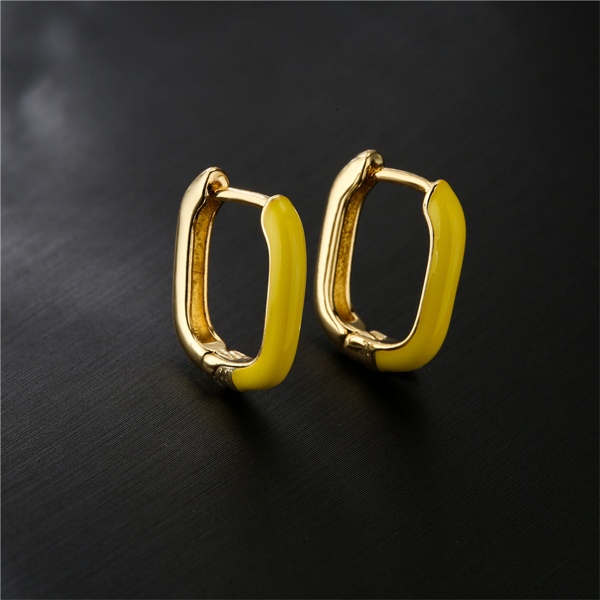 Orange Enamel and 18K Gold-Plated Square Huggie Earrings, gold huggie earrings, botanical inspired, lifestyle look