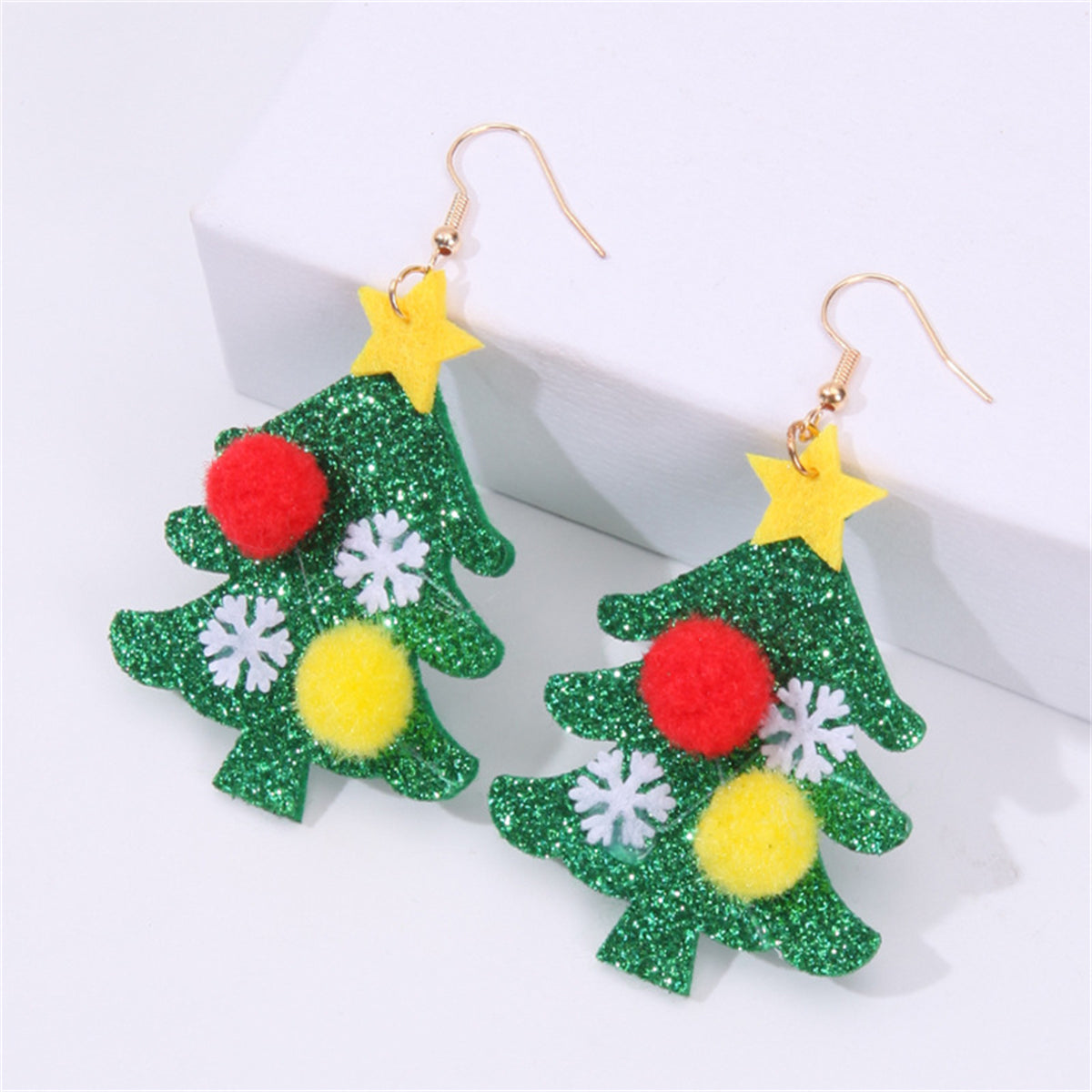Green and 18K Gold-Plated Holiday Tree Drop Earrings, gold drop earrings for women, dainty minimalist design, side view