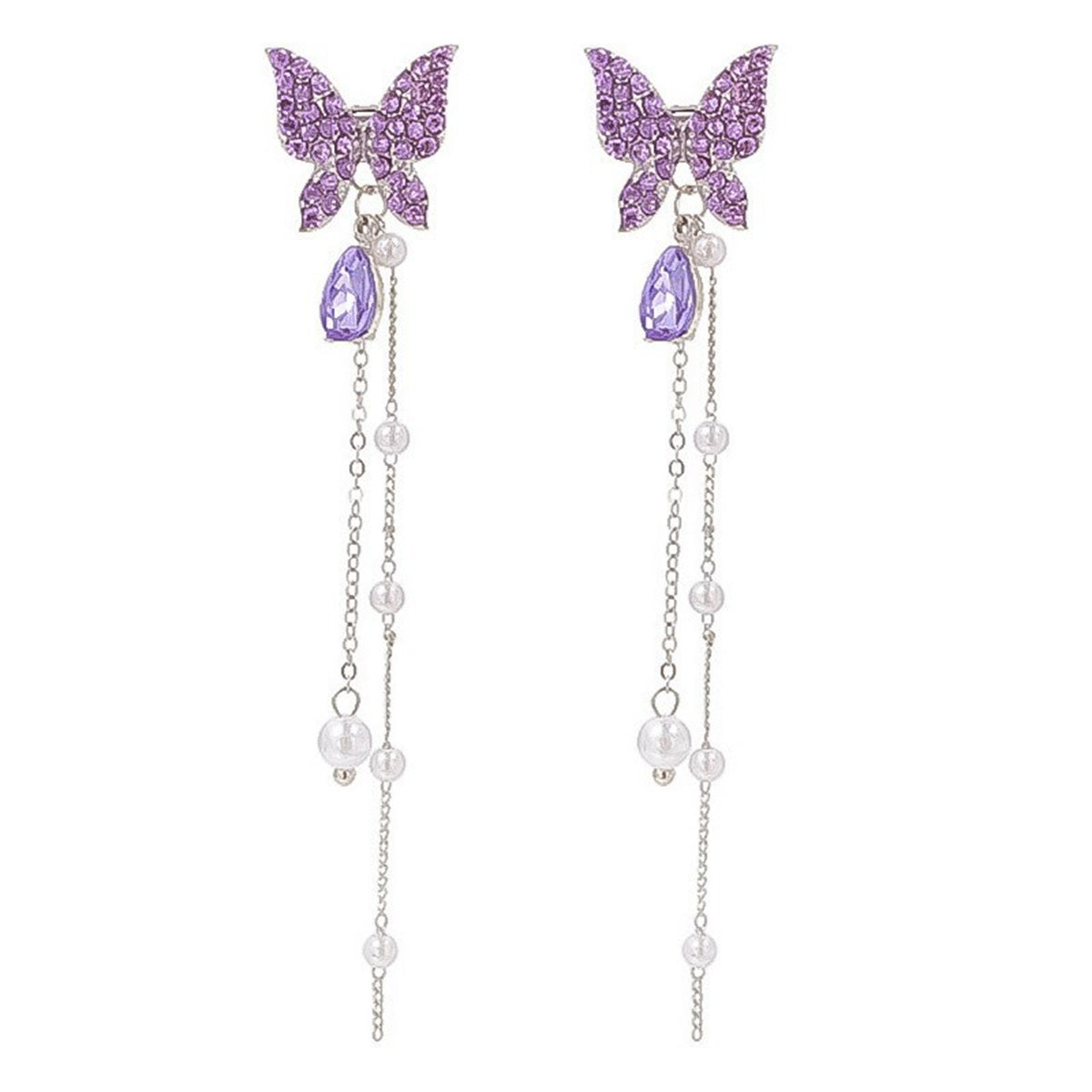 Purple Cubic Zirconia & Pearl Butterfly Tassel Ear Jackets