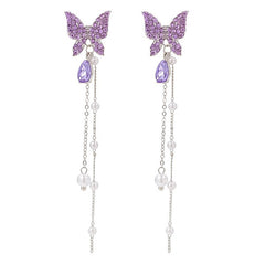 Purple Cubic Zirconia & Pearl Butterfly Tassel Ear Jackets