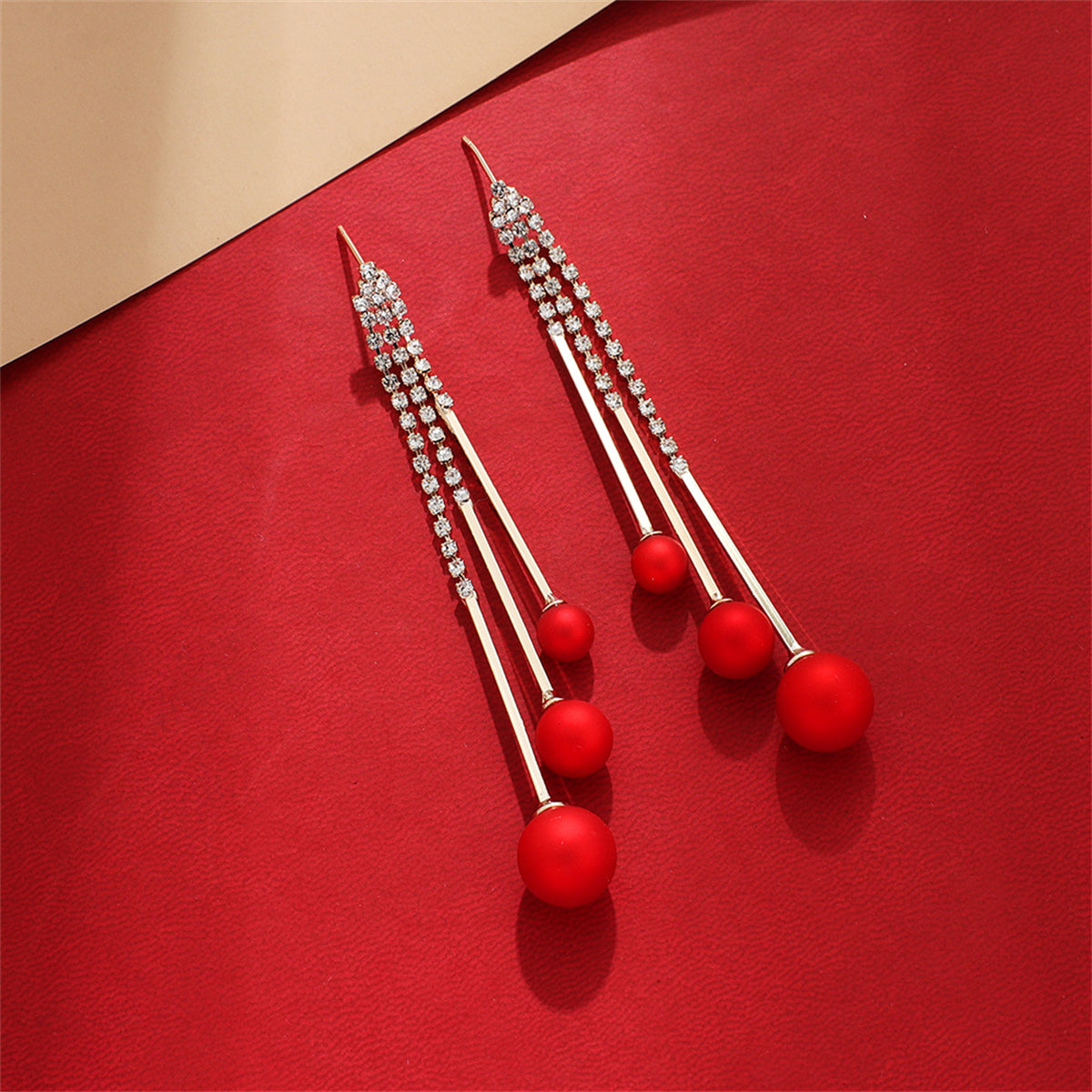 Red Resin and Cubic Zirconia Ball Tassel Drop Earrings, drop earrings for women, elegant gift for her, side view