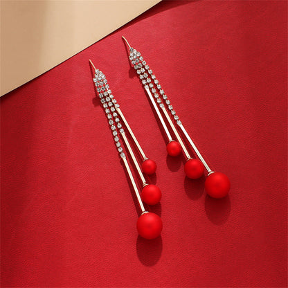 Red Resin and Cubic Zirconia Ball Tassel Drop Earrings, drop earrings for women, elegant gift for her, side view