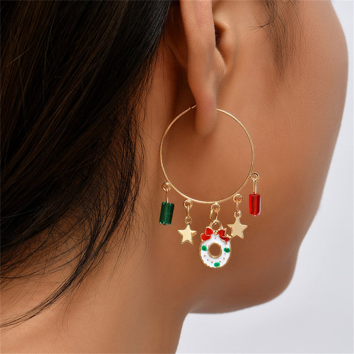 Red Enamel and 18K Gold-Plated Star and Wreath Hoop Earrings, gold drop earrings for women, detail close-up