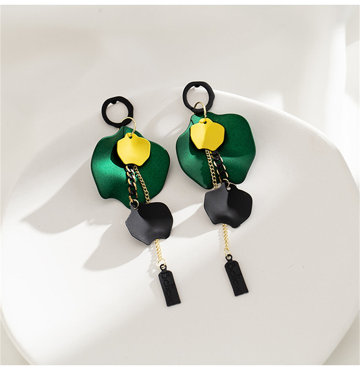 Green Acrylic and 18K Gold-Plated Rose Petal 'Believe' Drop Earrings, gold drop earrings for women, styled look