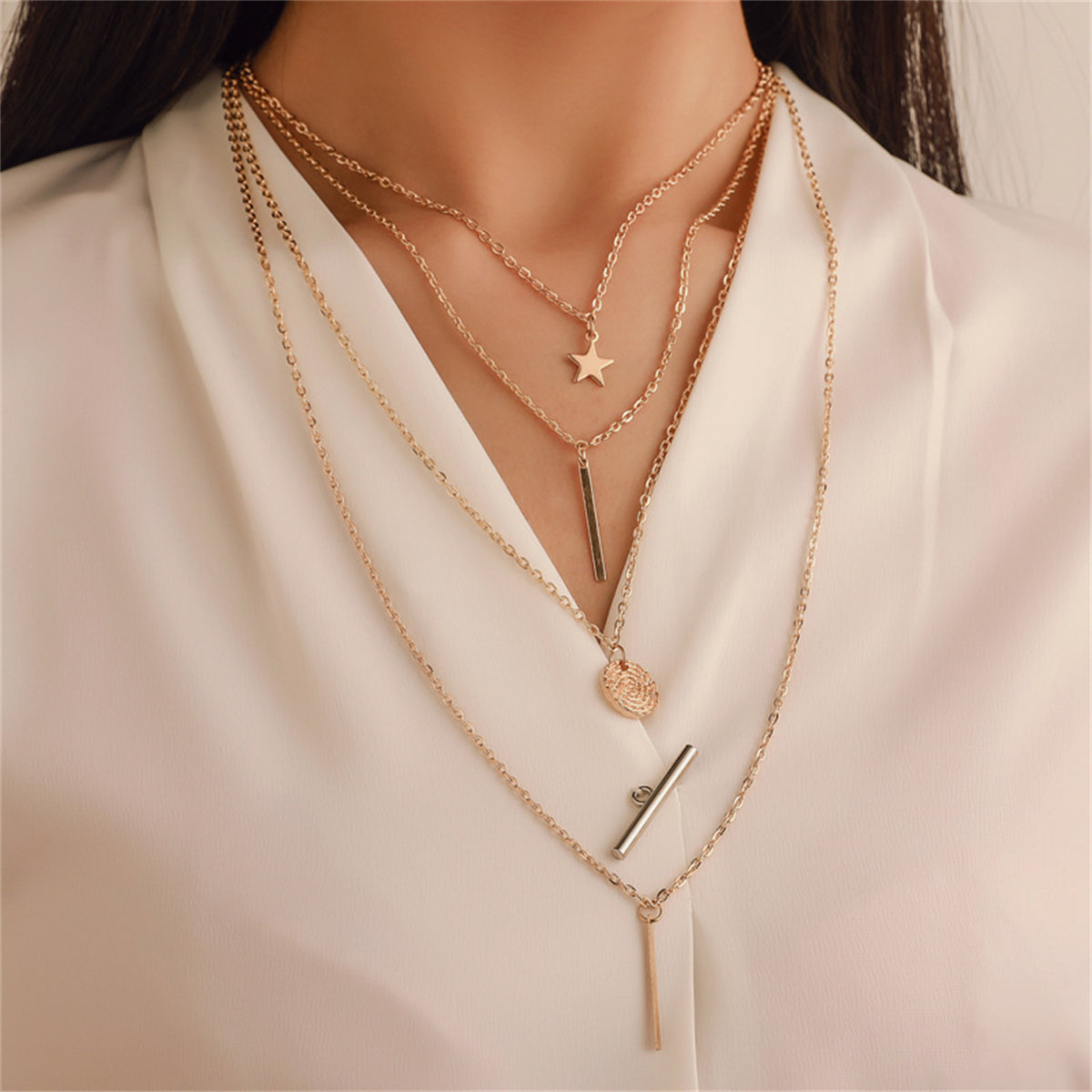 18K Gold-Plated Disc Bar Layered Pendant Necklace, gold pendant necklace for women, dainty minimalist design, front view