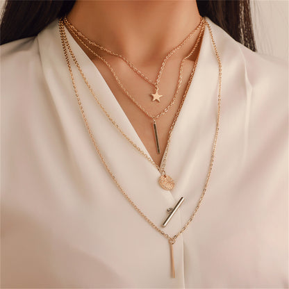 18K Gold-Plated Disc Bar Layered Pendant Necklace, gold pendant necklace for women, dainty minimalist design, front view