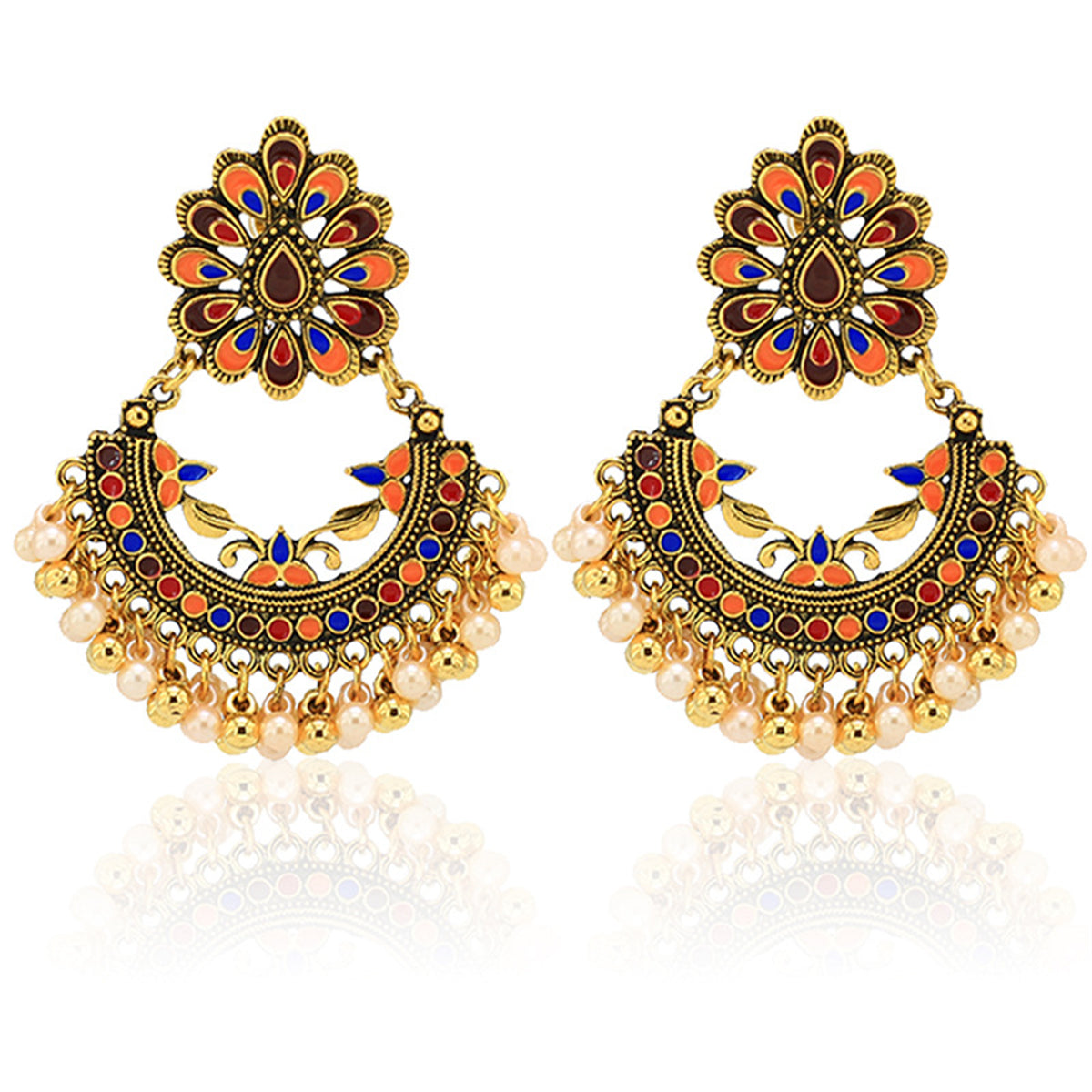Pearl and Enamel 18K Gold-Plated Peacock Drop Earrings, gold drop earrings for women, elegant gift for her, side view