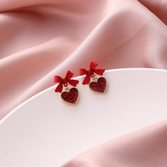 Red Enamel & 18K Gold-Plated Bow Heart Drop Earrings