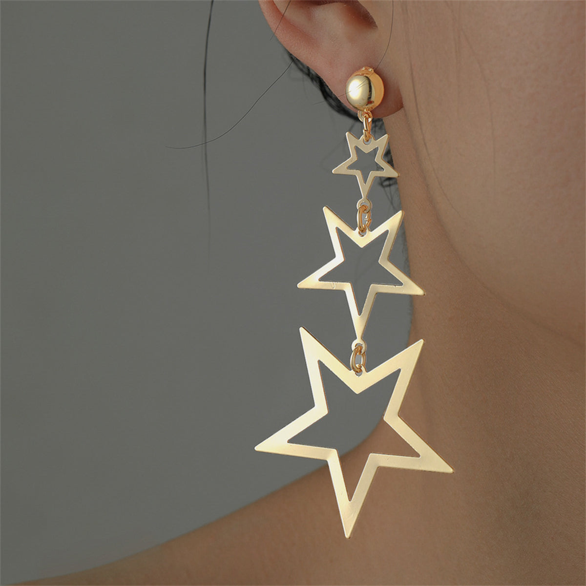 18K Gold-Plated Tri-Star Drop Earrings, gold drop earrings for women, everyday style, styled look