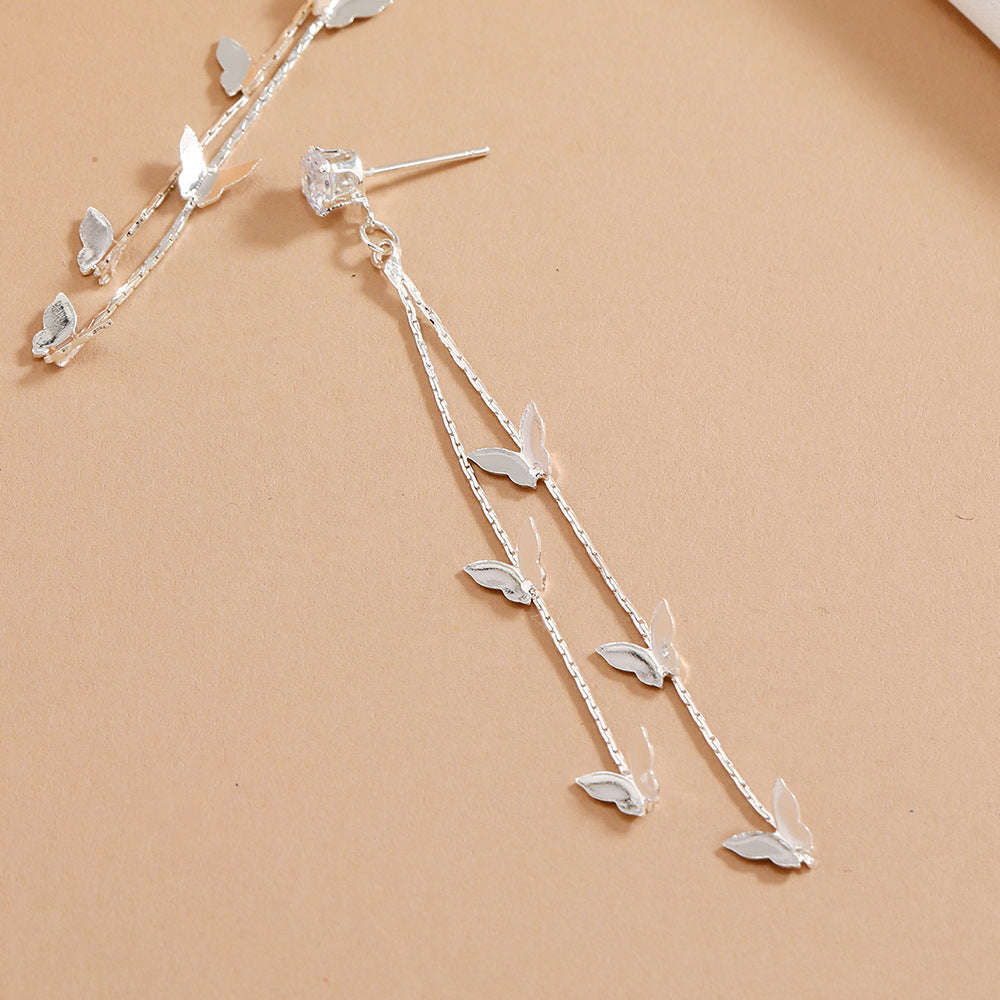 Cubic Zirconia & Silver-Plated Butterfly Double-Strand Drop Earrings