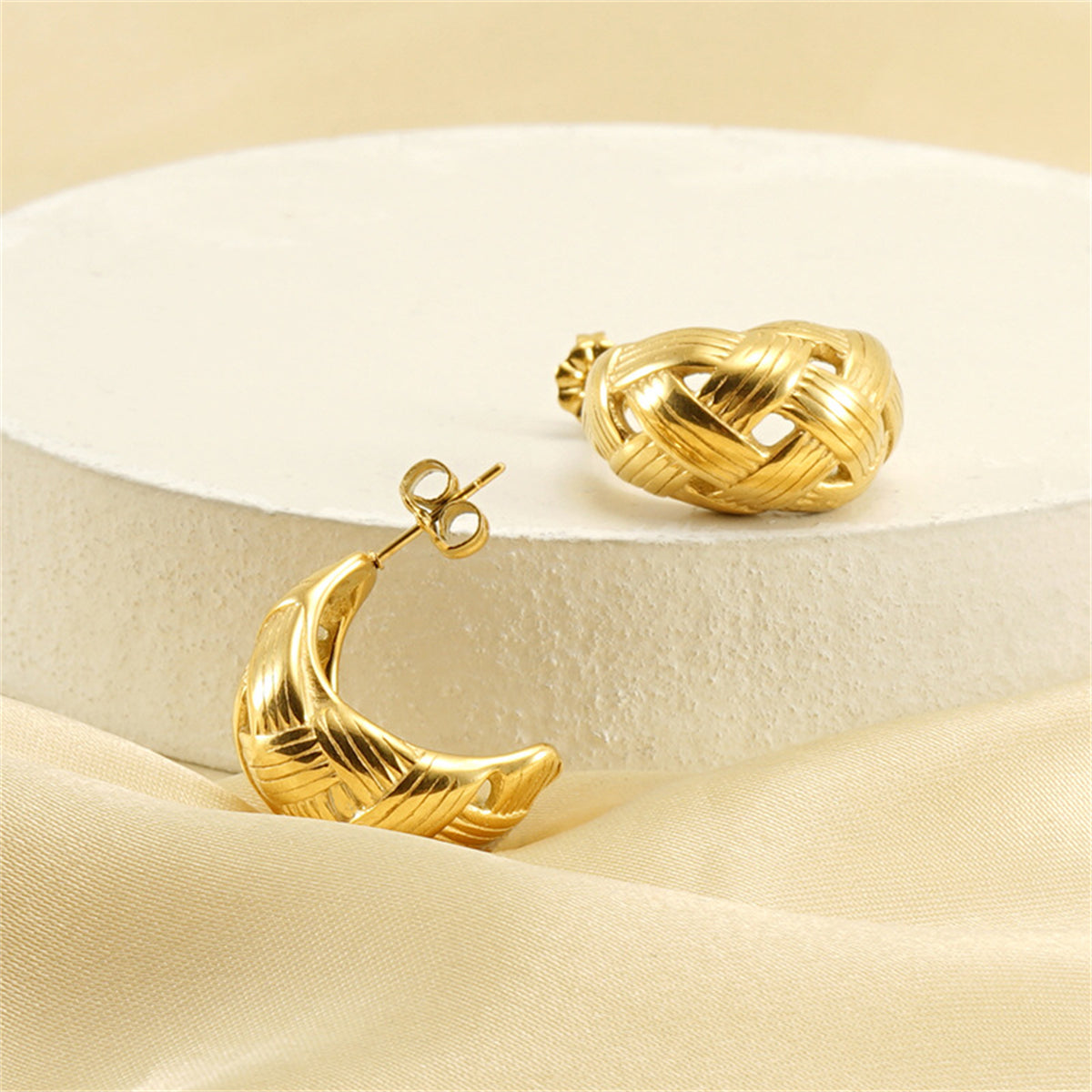 18K Gold-Plated Weave-Accent Huggie Earrings, gold huggie earrings, vintage-inspired design, side view