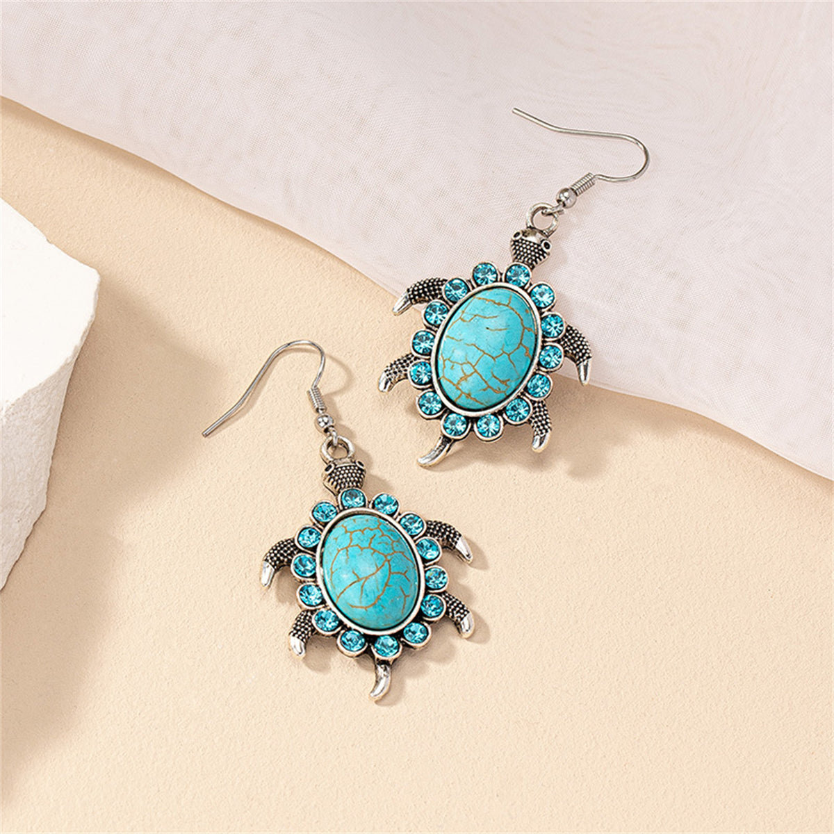 Blue Cubic Zirconia and Turquoise Sea Turtle Drop Earrings, drop earrings for women, everyday style, detail close-up