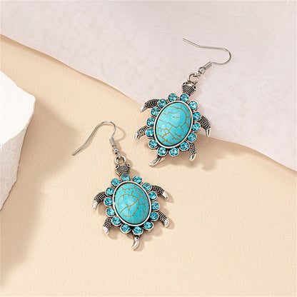 Blue Cubic Zirconia and Turquoise Sea Turtle Drop Earrings, drop earrings for women, everyday style, detail close-up