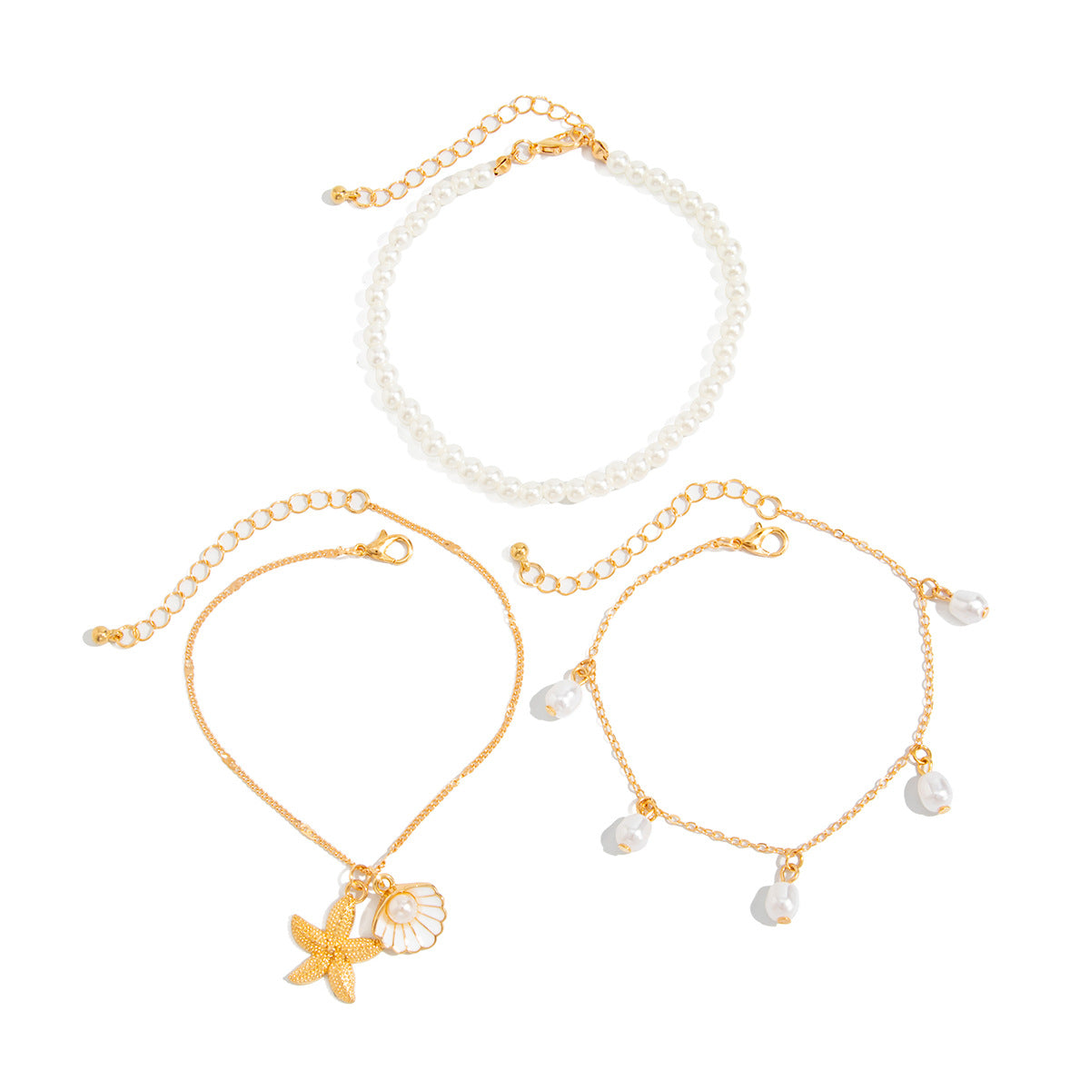 Pearl & White Enamel Goldtone Shell Starfish Charm Anklet Set - Street Region