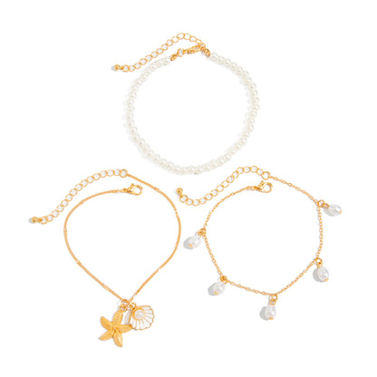 Pearl & White Enamel Goldtone Shell Starfish Charm Anklet Set - Street Region