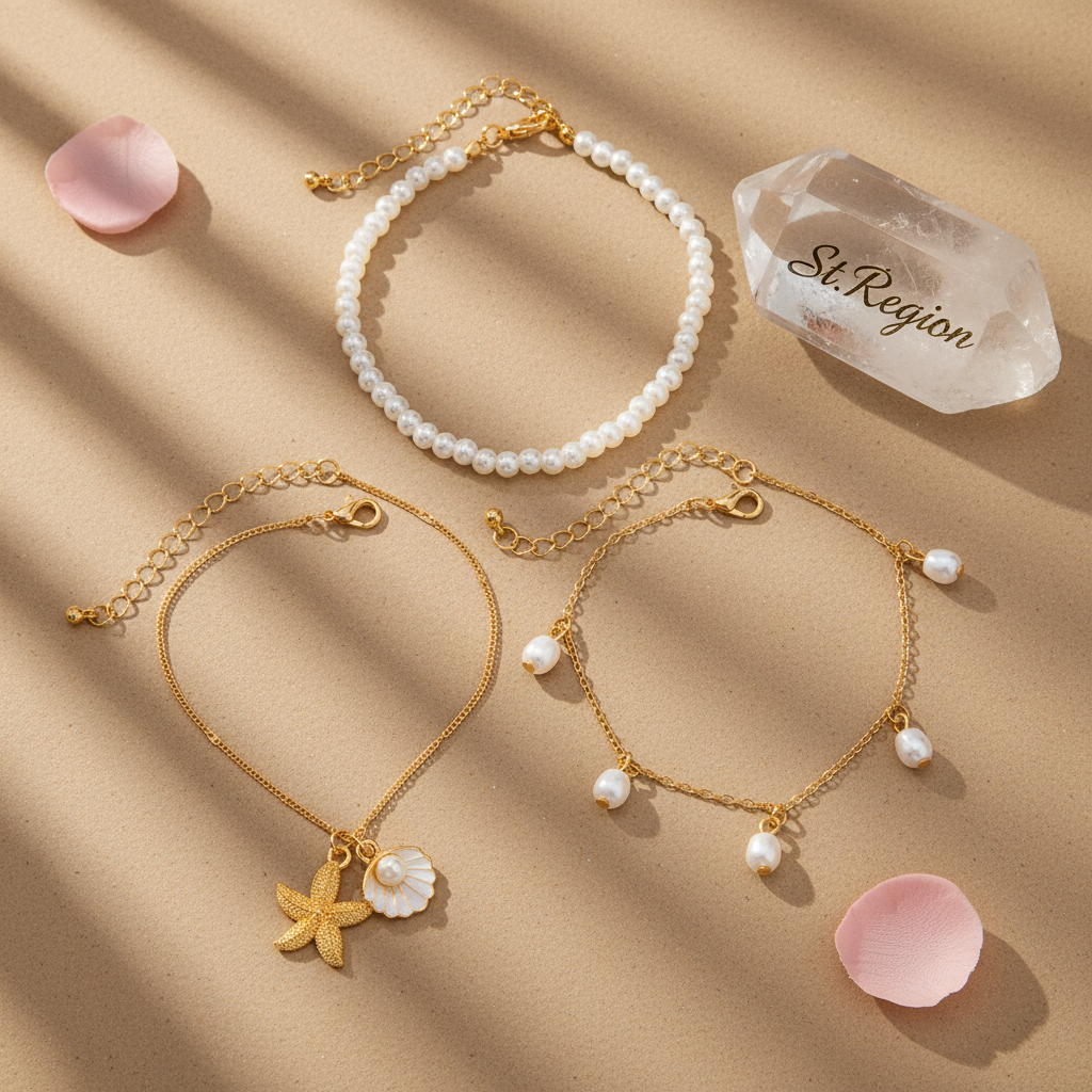 Pearl & White Enamel Goldtone Shell Starfish Charm Anklet Set - Street Region