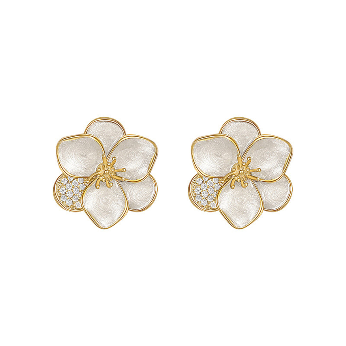 Cubic Zirconia and 18K Gold-Plated Floral Stud Earrings, gold stud earrings for women, vintage-inspired design, front view