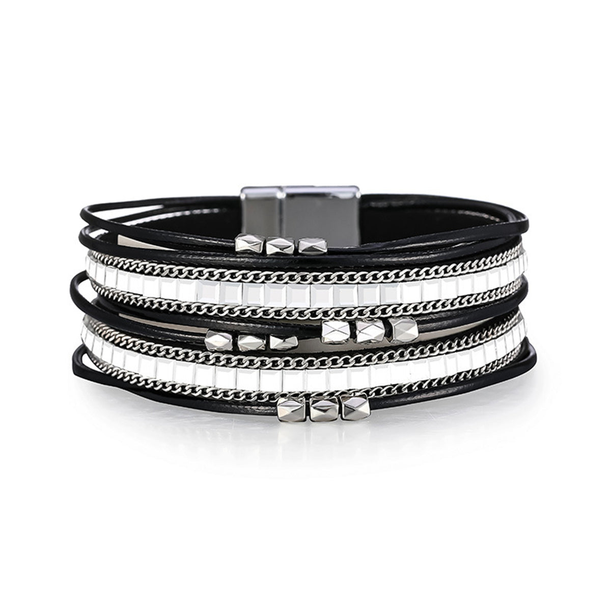 Black Polystyrene & Silver-Plated Layered Beaded Bracelet