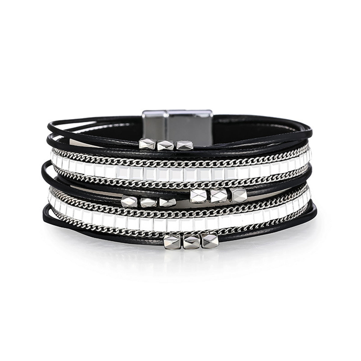 Black Polystyrene and Silver-Plated Layered Beaded Bracelet, silver bracelet for women, dainty minimalist design, side view