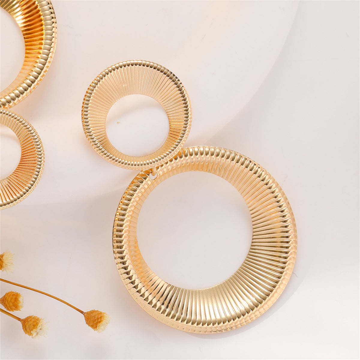 18K Gold-Plated Double Ring Drop Earrings, gold drop earrings for women, vintage-inspired design, lifestyle look
