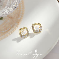 Cubic Zirconia & Pearl Square Stud Earrings