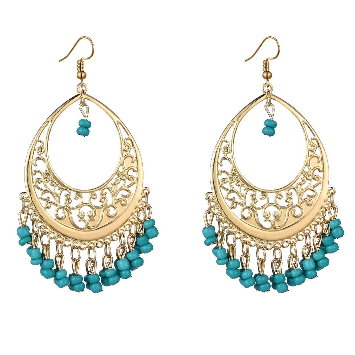 Green Turquoise and 18K Gold-Plated Openwork Drop Earrings, gold drop earrings for women, dainty minimalist design, side view