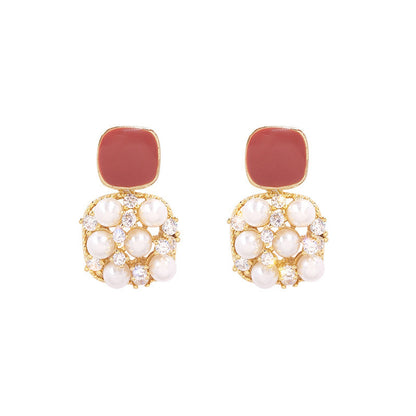 Pink Enamel and Pearl Cubic Zirconia-Accent Cushion Drop Earrings, drop earrings for women, elegant gift for her, front view