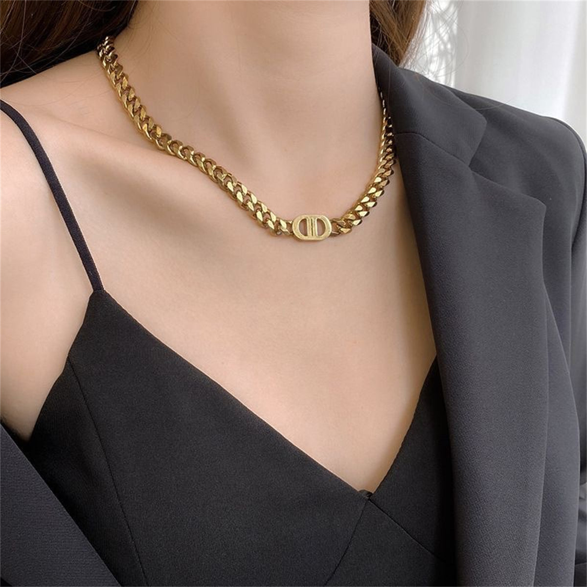 18K Gold-Plated Cuban Chain Oval Pendant Necklace, gold pendant necklace for women, botanical inspired, styled look