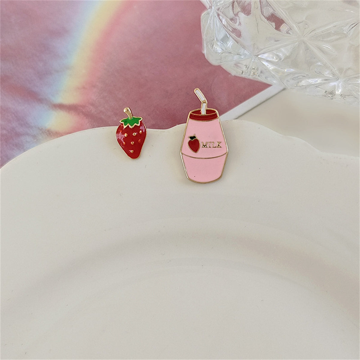 Pink Enamel and 18K Gold-Plated Strawberry Milk Stud Earrings, gold drop earrings for women, lifestyle look