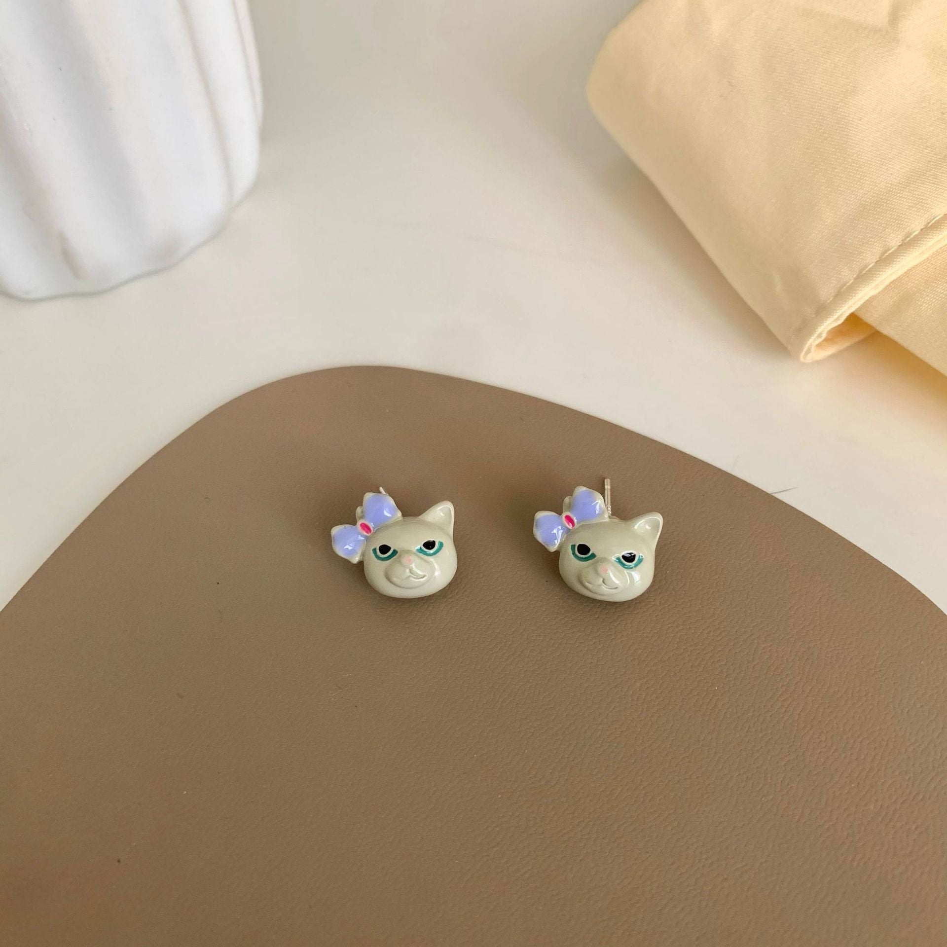 Gray & Silver-Plated Bow Kitty Stud Earrings
