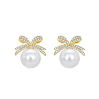 Cubic Zirconia & Pearl Bow Stud Earrings