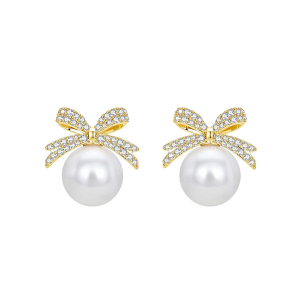 Cubic Zirconia & Pearl Bow Stud Earrings
