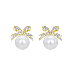 Cubic Zirconia & Pearl Bow Stud Earrings