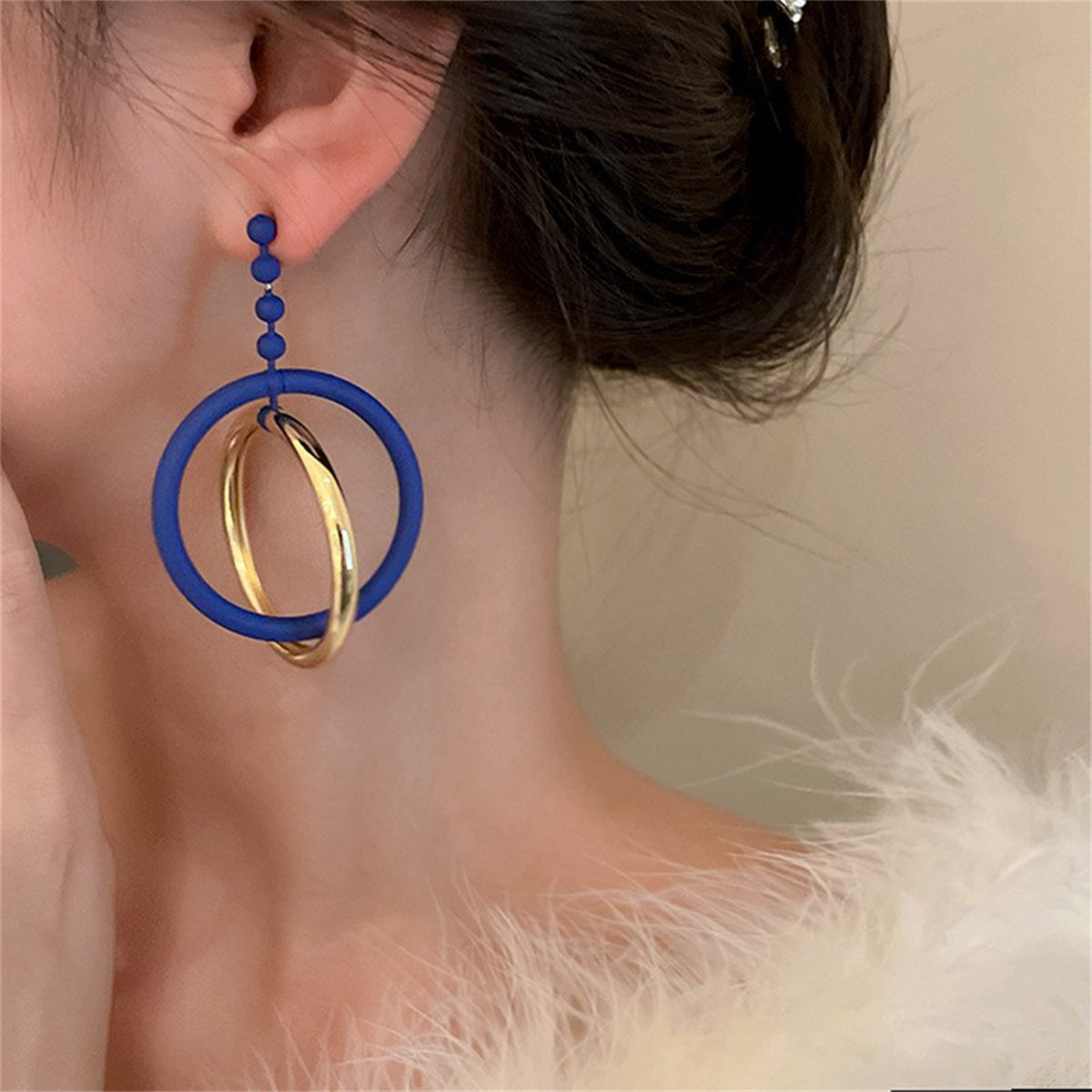 Blue Enamel and 18K Gold-Plated Bead Interlocked Dangle Earring, gold drop earrings for women, everyday style, styled look